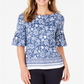 Blusa feminina estampada com manga sino Charter Club, azul, tamanho pequeno, médio