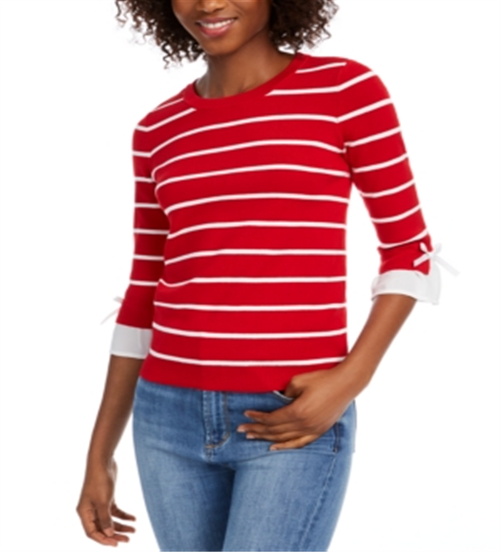 Suéter feminino listrado com acabamento em laço Maison Jules, vermelho, tamanho XXS