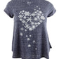 Camiseta feminina com estampa de floco de neve e coração, tamanho pequeno e grande, cinza, estilo &amp; co