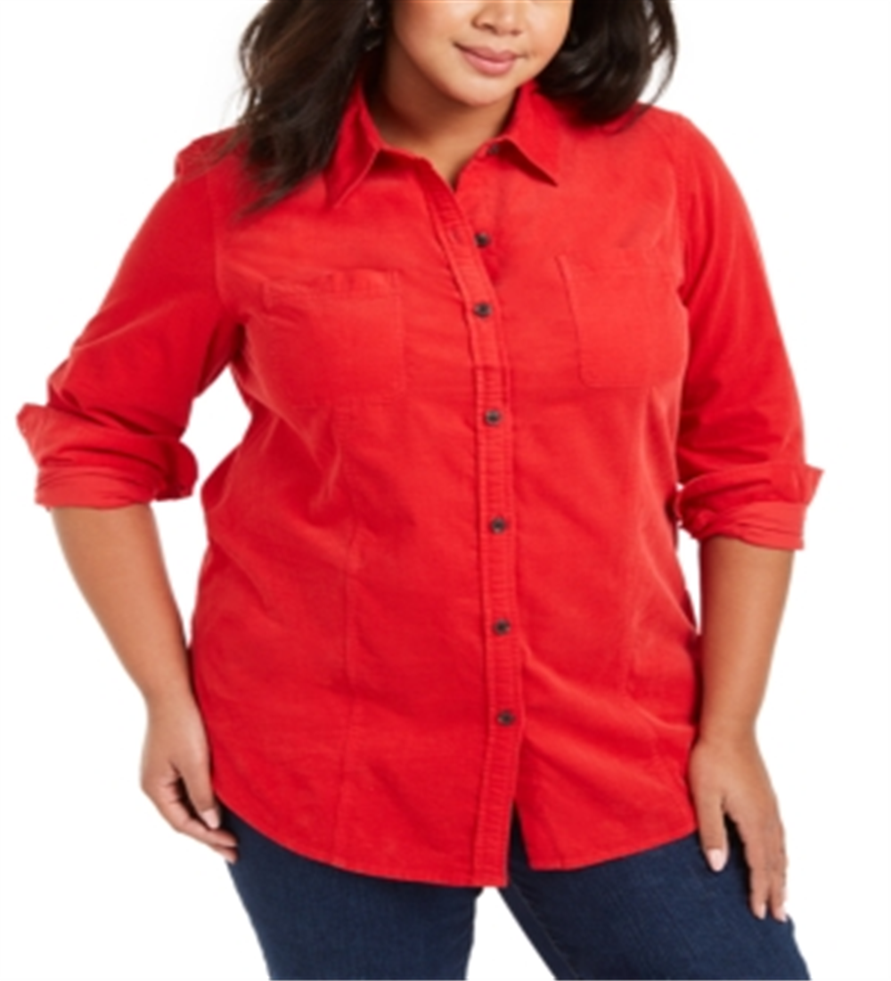 Camisa feminina de veludo cotelê de algodão plus size Charter Club vermelha tamanho 1X