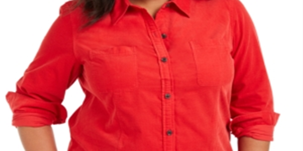 Camisa feminina de veludo cotelê de algodão plus size Charter Club vermelha tamanho 1X