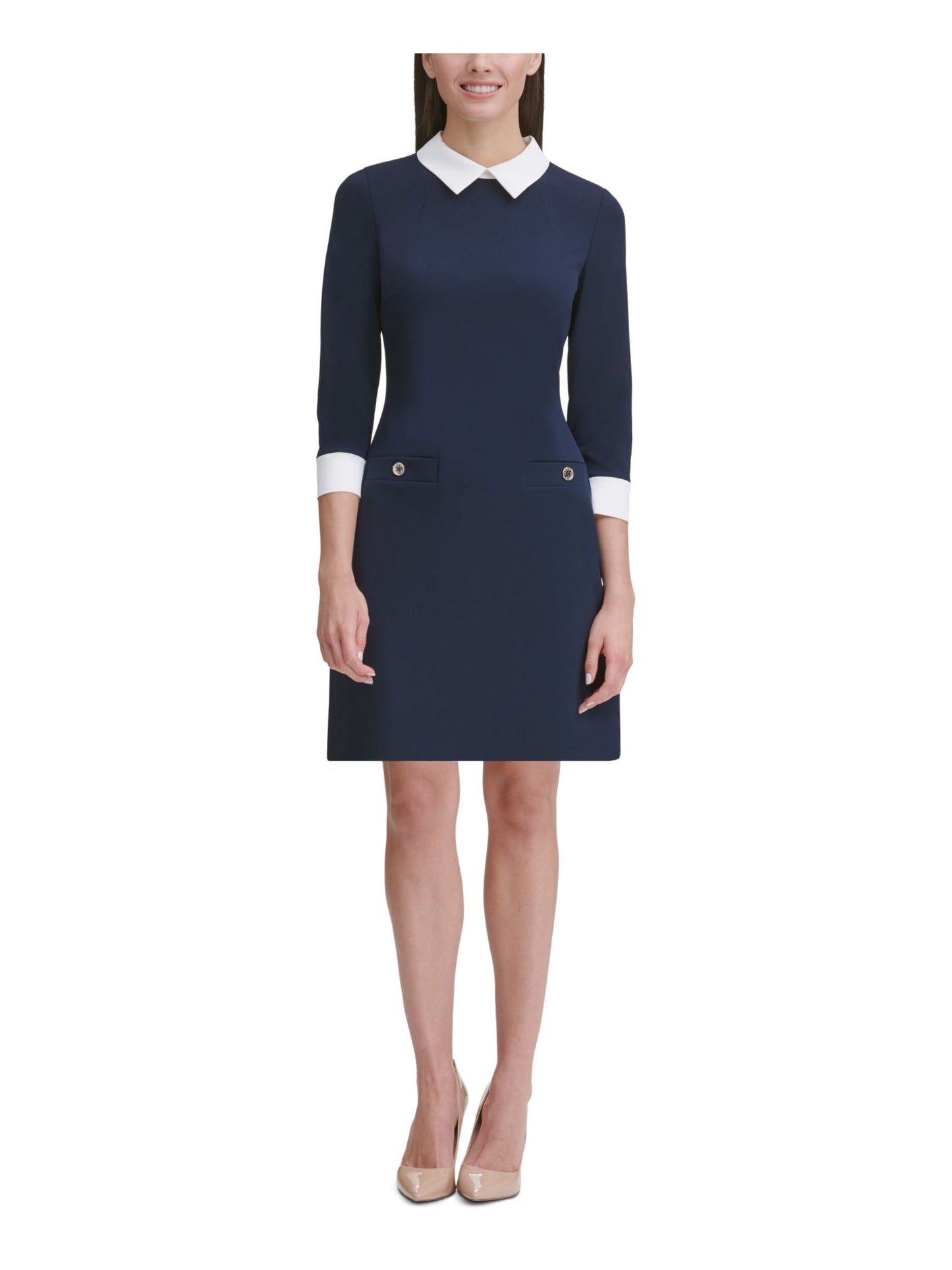 Vestido Tommy Hilfiger Feminino Manga Longa Gola Peter Pan Acima do Joelho Bainha para Usar no Trabalho Azul Tamanho 8