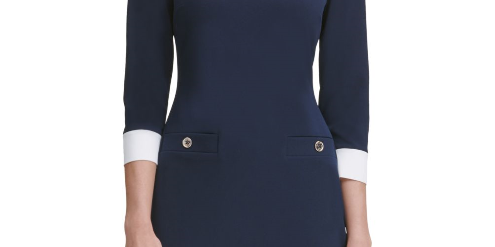 Vestido Tommy Hilfiger Feminino Manga Longa Gola Peter Pan Acima do Joelho Bainha para Usar no Trabalho Azul Tamanho 8