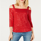 INC International Concepts Top feminino com lantejoulas e ombros descobertos, vermelho, tamanho pequeno, extragrande