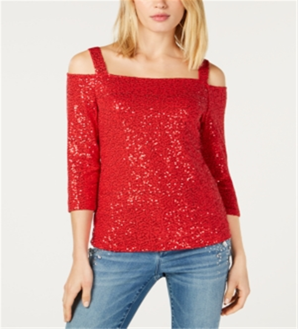 INC International Concepts Top feminino com lantejoulas e ombros descobertos, vermelho, tamanho pequeno, extragrande