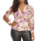 Thalia Sodi Blusa feminina estampada com mangas cortadas e estampa de envelope falso, bege/roxo, tamanho grande
