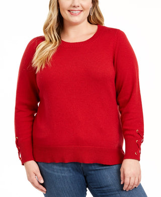 Suéter feminino Michael Kors Plus com mangas rendadas e acabamento canelado, vermelho, tamanho 0X