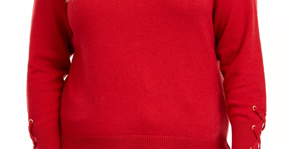 Suéter feminino Michael Kors Plus com mangas rendadas e acabamento canelado, vermelho, tamanho 0X