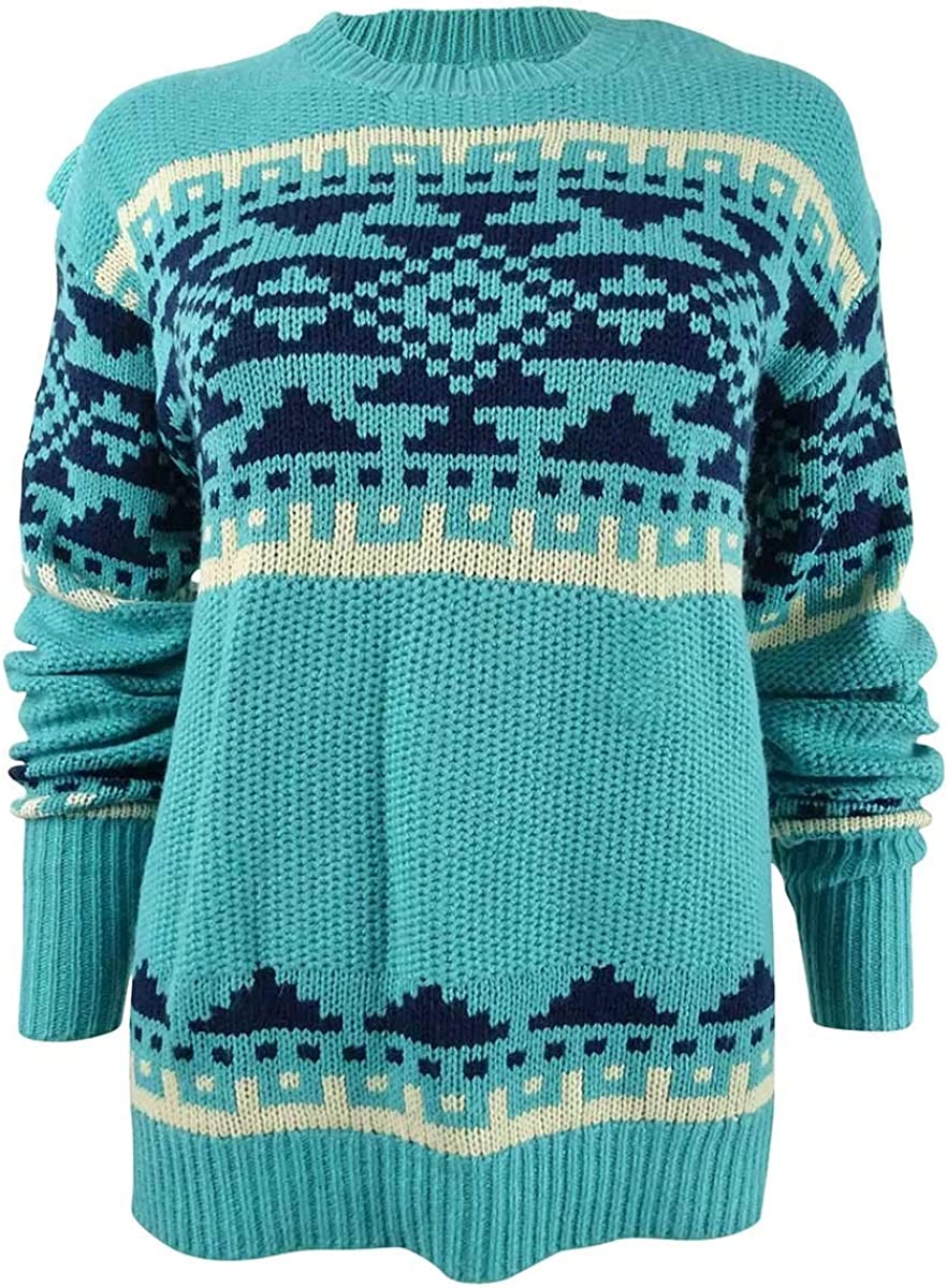 Cobertor vintage feminino à prova de intempéries Fair Isle com acabamento canelado, suéter azul, tamanho pequeno