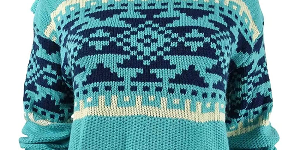 Cobertor vintage feminino à prova de intempéries Fair Isle com acabamento canelado, suéter azul, tamanho pequeno