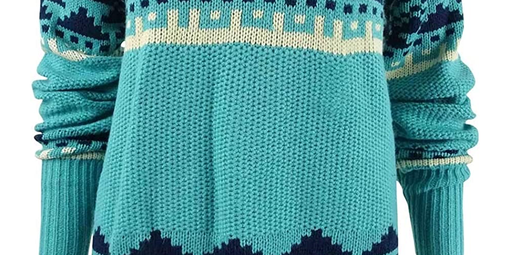 Cobertor vintage feminino à prova de intempéries Fair Isle com acabamento canelado, suéter azul, tamanho pequeno