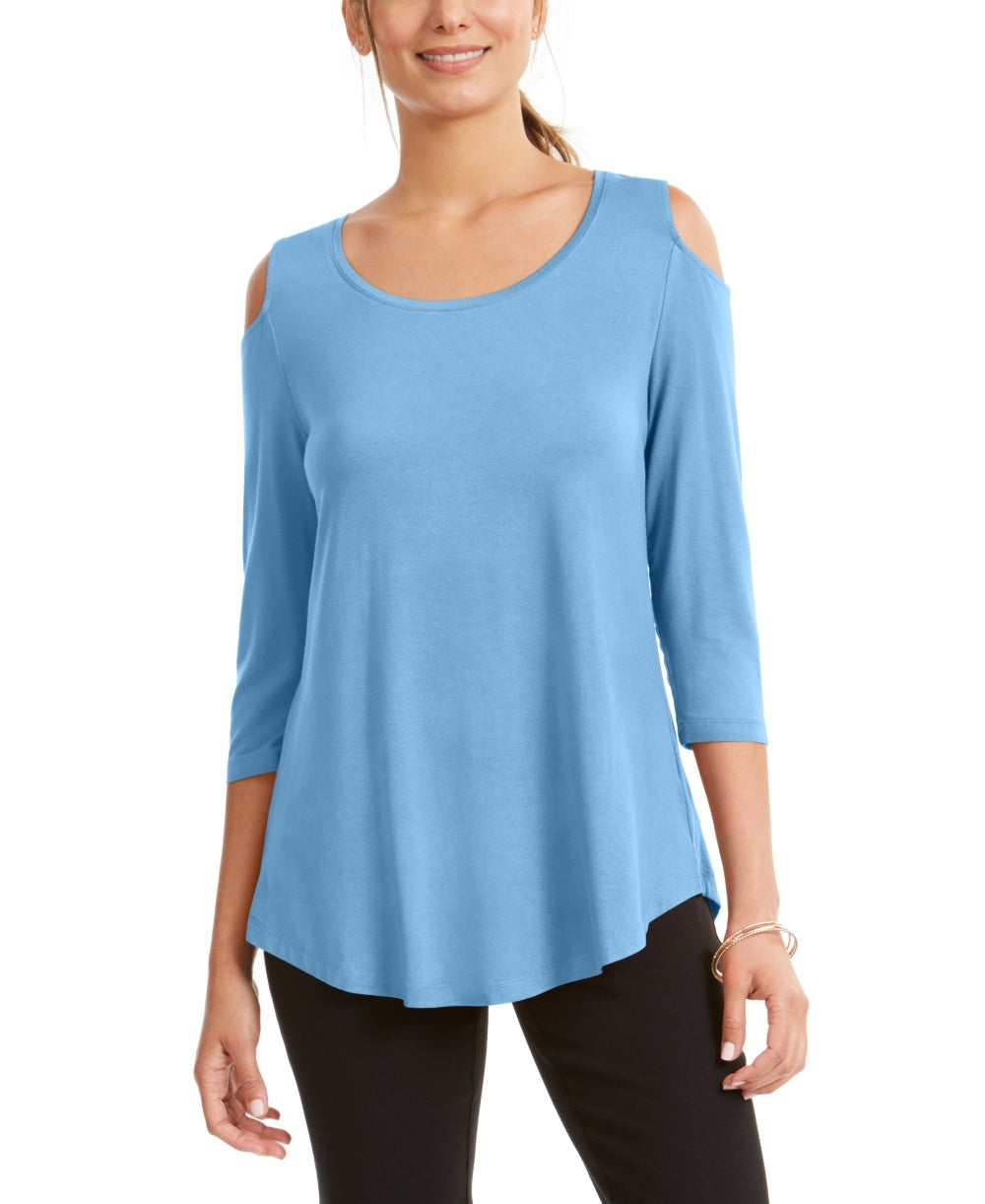 JM Collection Blusa feminina com ombros descobertos, azul, tamanho grande