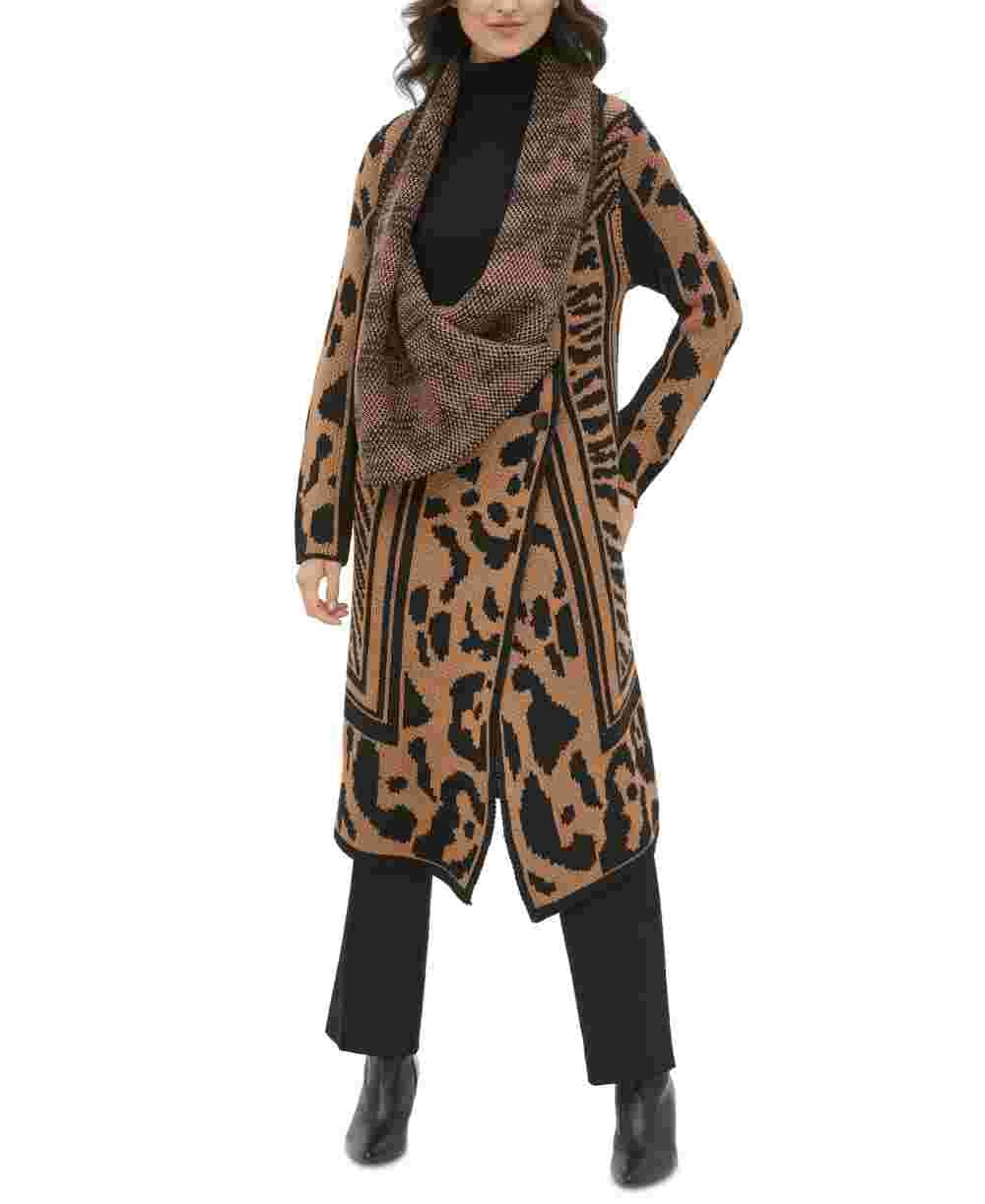 Calvin Klein Feminino Gola Asa Animal Print Manga Longa Aberta Cardigan Suéter Marrom Tamanho X-S