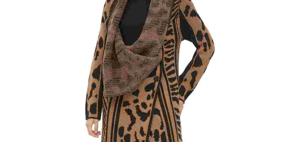 Calvin Klein Feminino Gola Asa Animal Print Manga Longa Aberta Cardigan Suéter Marrom Tamanho X-S