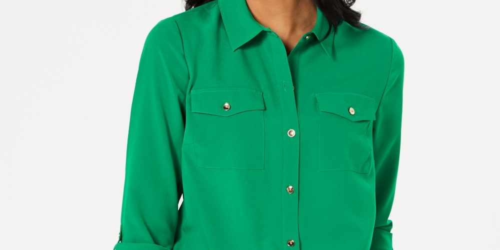 Camisa feminina com botões e estampa sólida Charter Club, verde, tamanho PXL