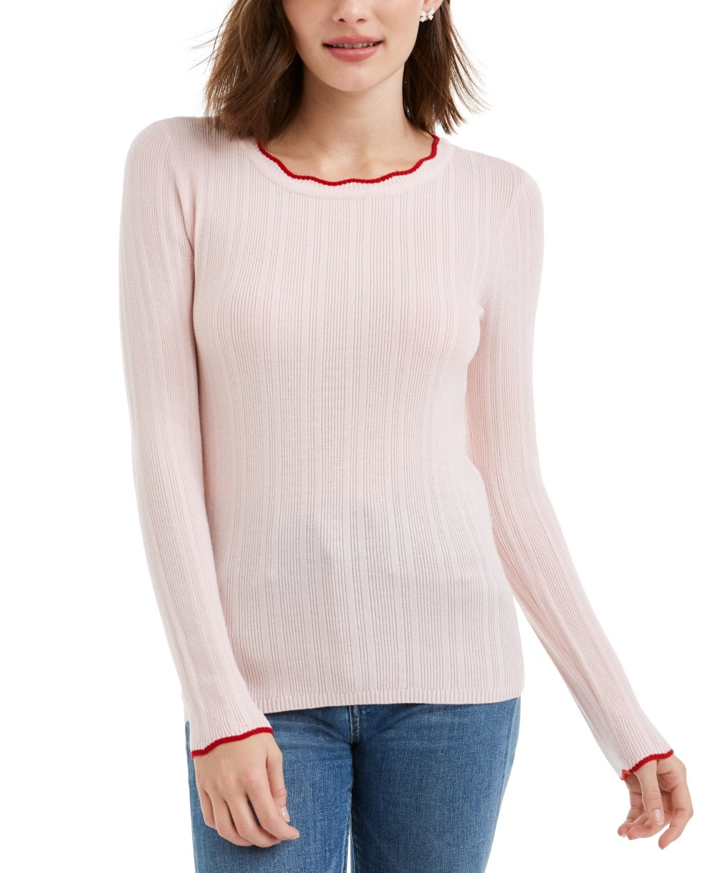 Suéter feminino Maison Jules com gola redonda canelada, rosa, tamanho pequeno