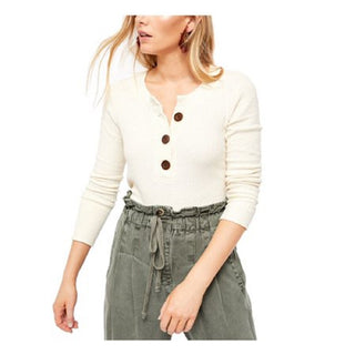 Suéter feminino Free People, manga comprida, gola V, branco, tamanho extragrande