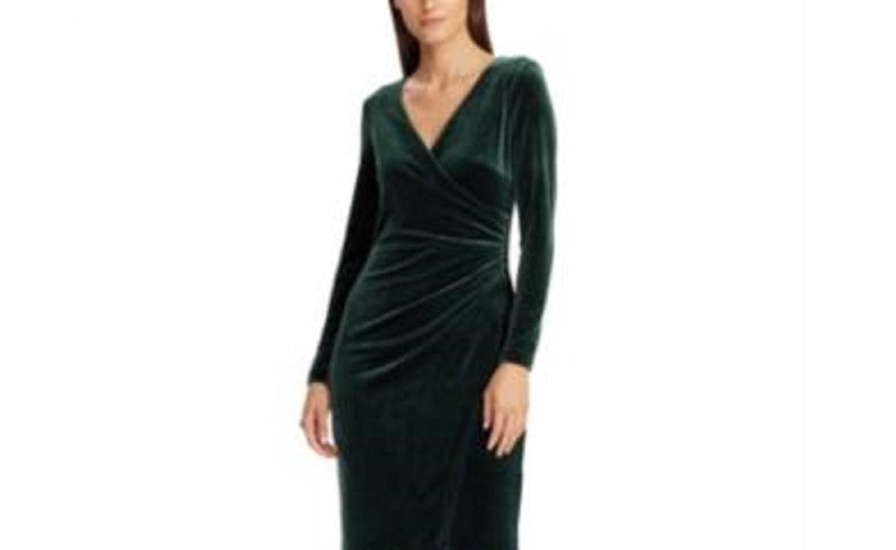 Vestido de festa Ralph Lauren feminino, manga comprida, franzido, decote em V, acima do joelho, tamanho 10, verde, pequeno