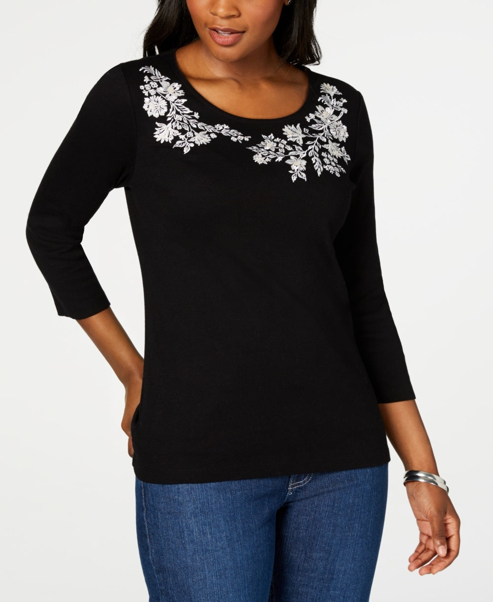 Blusa feminina Karen Scott com manga 3/4 bordada, preta, tamanho pequeno e pequeno