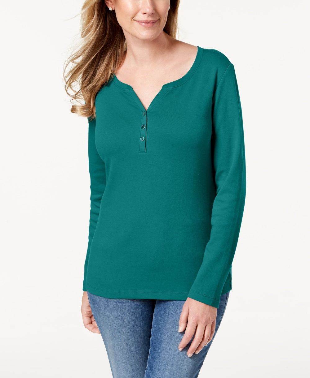 Karen Scott Top Henley de Algodão Feminino Azul Tamanho Grande