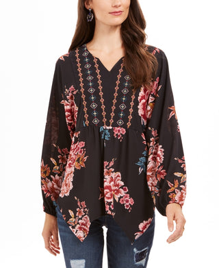 Style & Co Women's Printed Handkerchief Hem Peasant Top Black Size X-Large