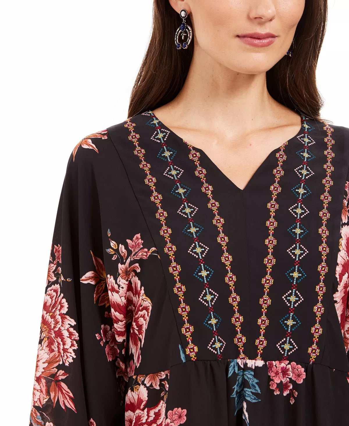 Top feminino estilo camponês com bainha de lenço estampado preto tamanho extragrande