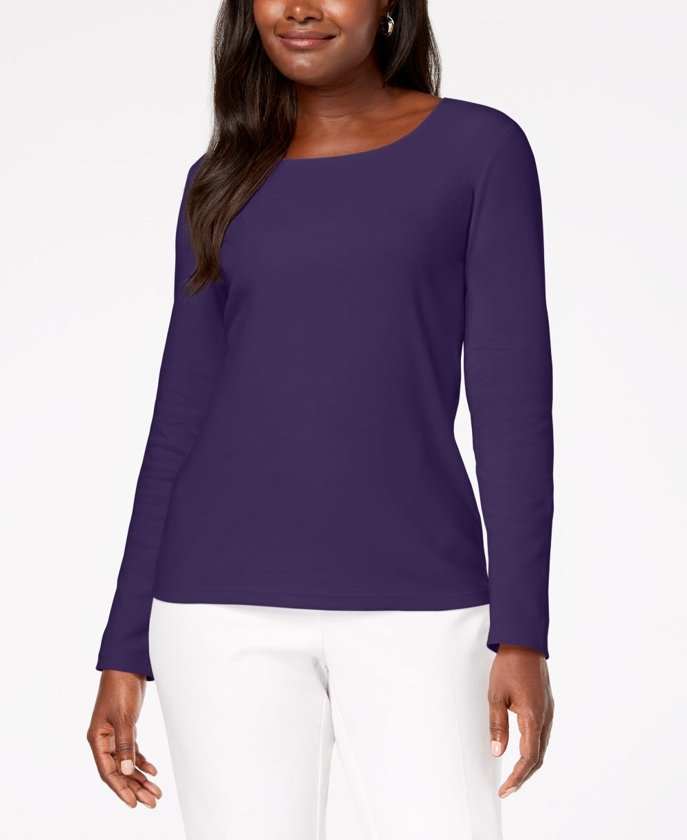 Karen Scott Blusa feminina de algodão com decote redondo, roxa, tamanho grande