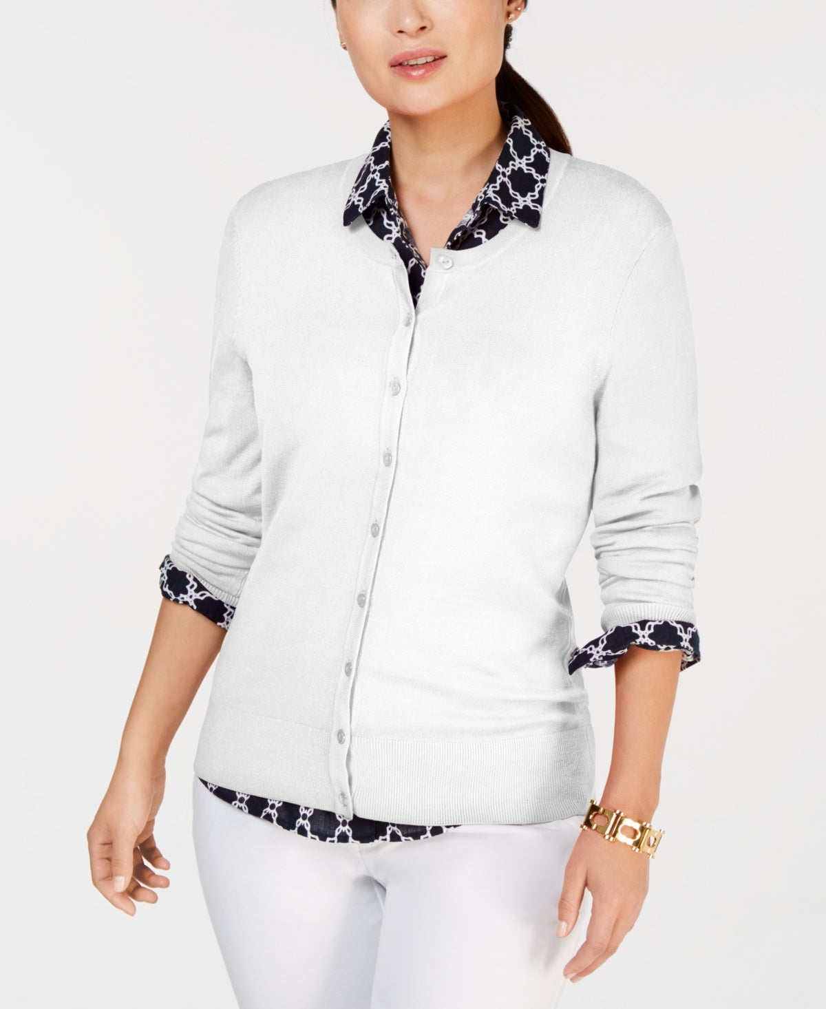 Cardigan feminino de gola redonda Petite Charter Club, branco, PL