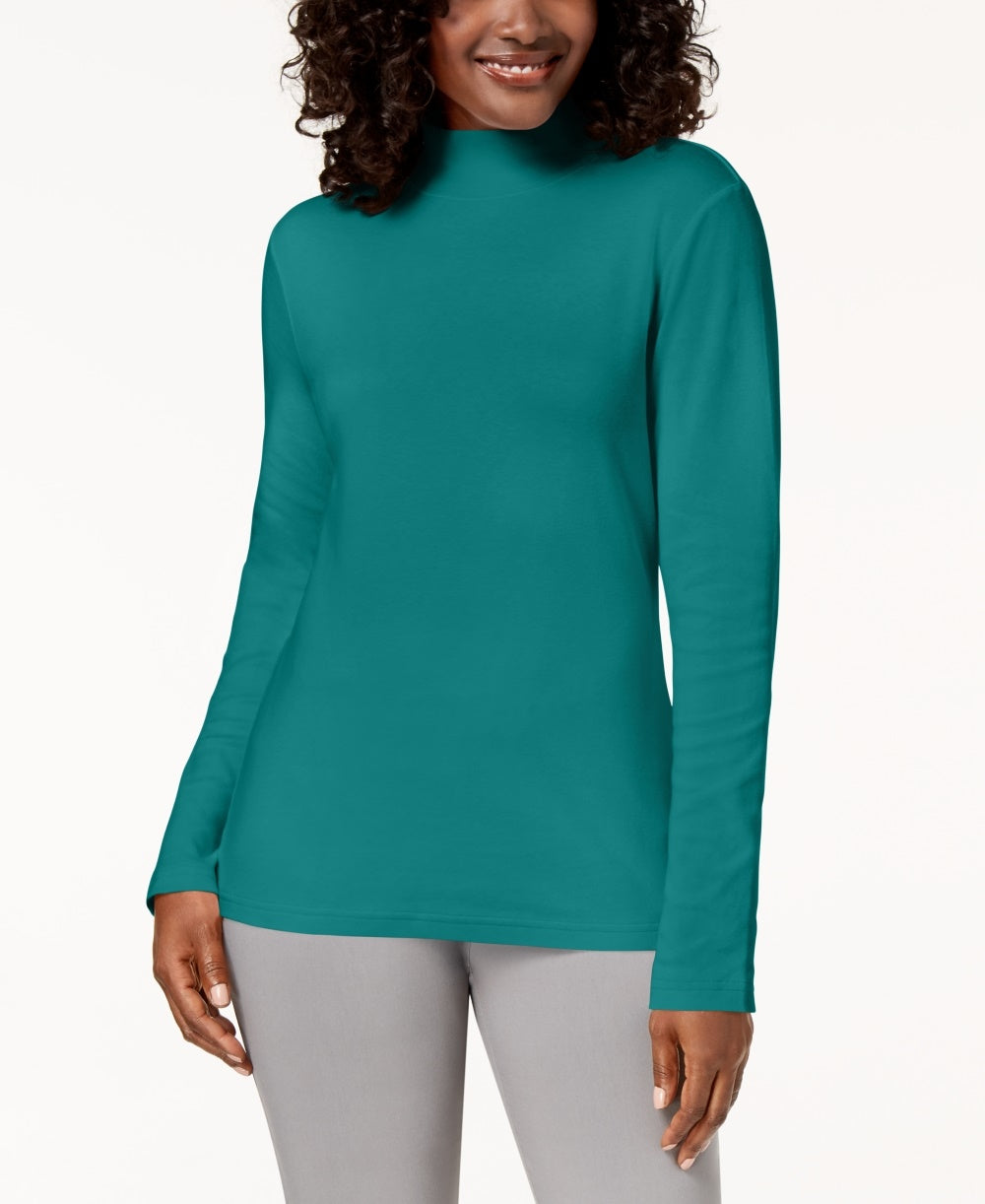 Blusa de gola alta de algodão Karen Scott feminina, azul, tamanho X-G