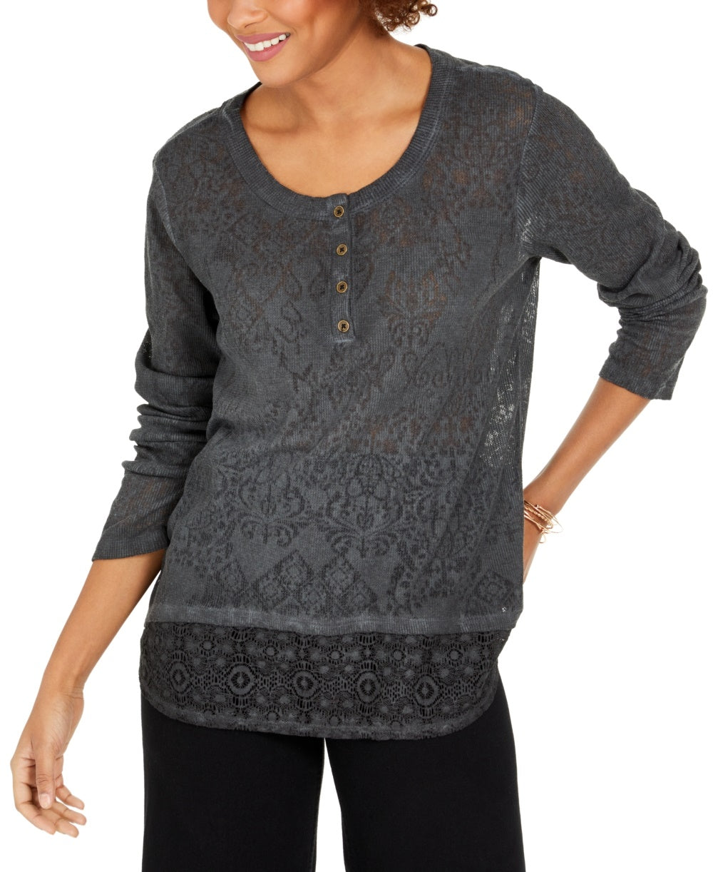 Top Henley de renda feminino Style &amp; Co, preto, tamanho X-S