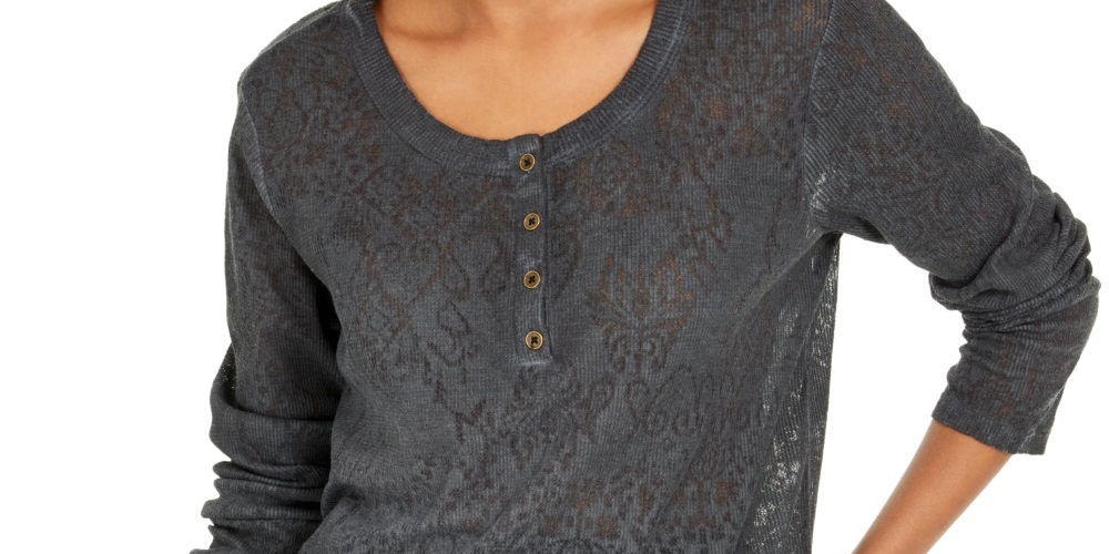 Top Henley de renda feminino Style &amp; Co, preto, tamanho X-S