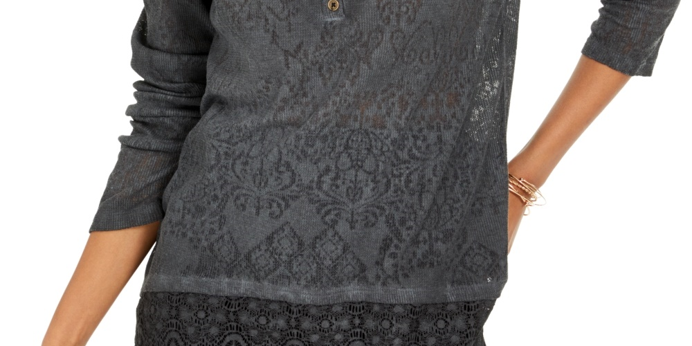 Top Henley de renda feminino Style &amp; Co, preto, tamanho X-S