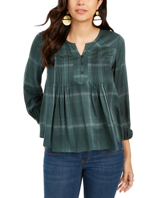 Blusa xadrez feminina com decote aberto, tamanho médio, verde, estilo &amp; co