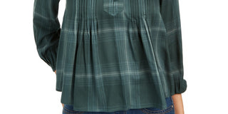 Blusa xadrez feminina com decote aberto, tamanho médio, verde, estilo &amp; co