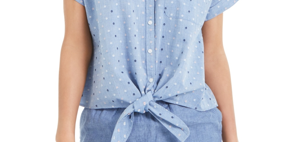 Camisa feminina Charter Club de algodão bordada com amarração frontal, azul, tamanho XX-G