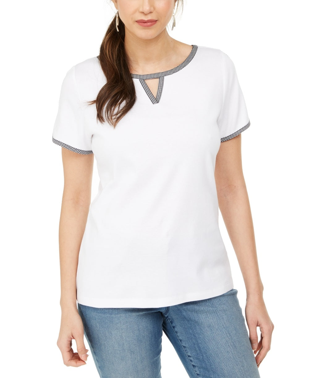 Karen Scott Blusa Feminina com Decote em V e Acabamento Contrastado, Branca, Tamanho P