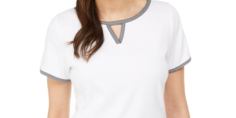 Karen Scott Blusa Feminina com Decote em V e Acabamento Contrastado, Branca, Tamanho P