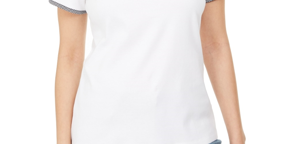 Karen Scott Blusa Feminina com Decote em V e Acabamento Contrastado, Branca, Tamanho P