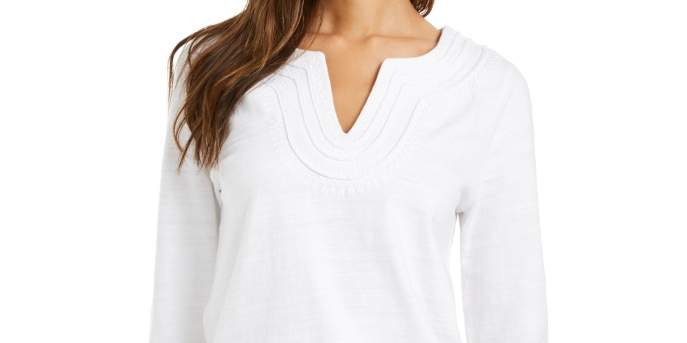 Camiseta feminina bordada de algodão Charter Club, branca, tamanho pequeno