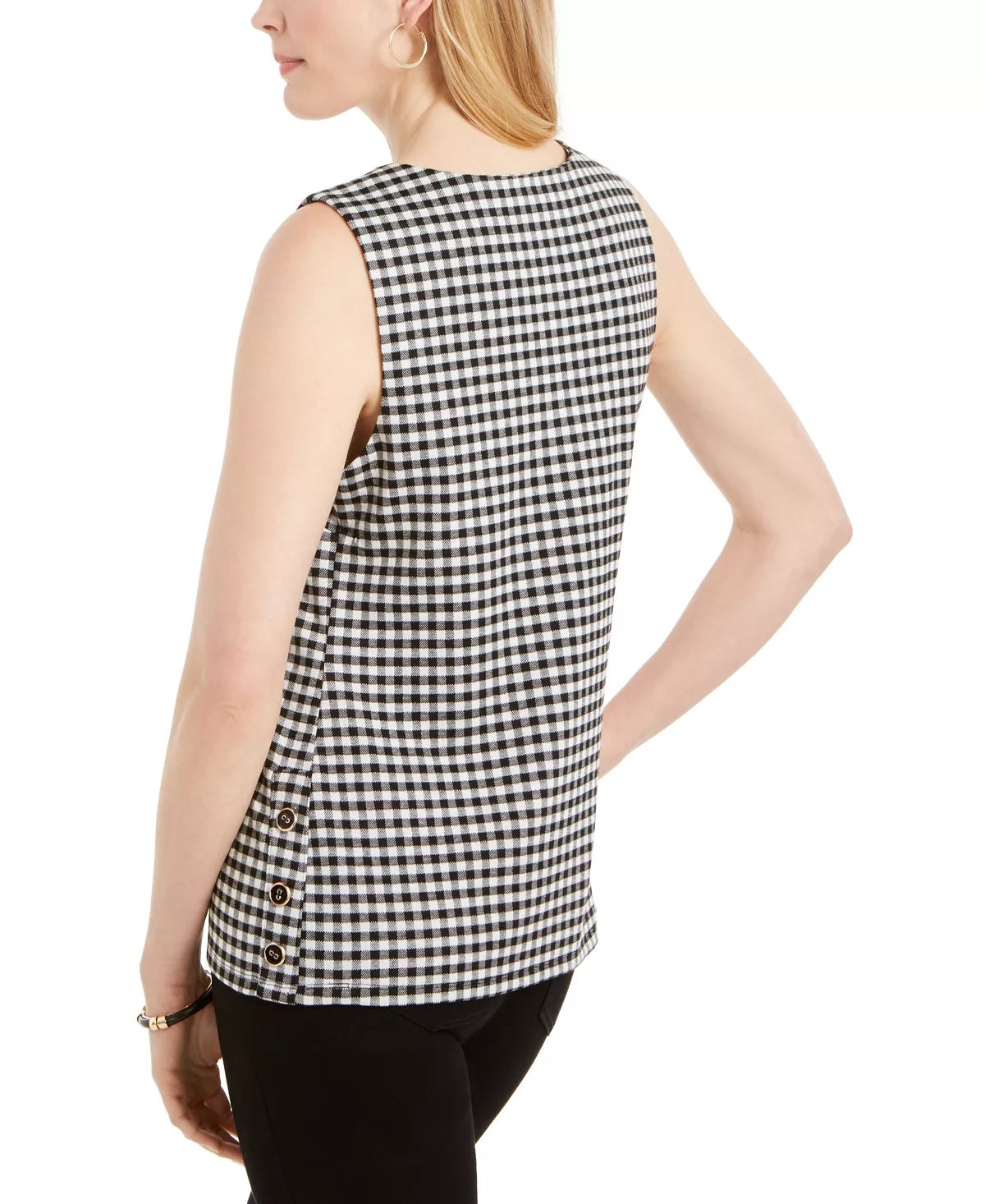 Blusa feminina Charter Club com estampa xadrez e botões laterais, preta, tamanho médio