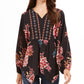 Top feminino estilo camponês com bainha de lenço estampado, preto, tamanho médio