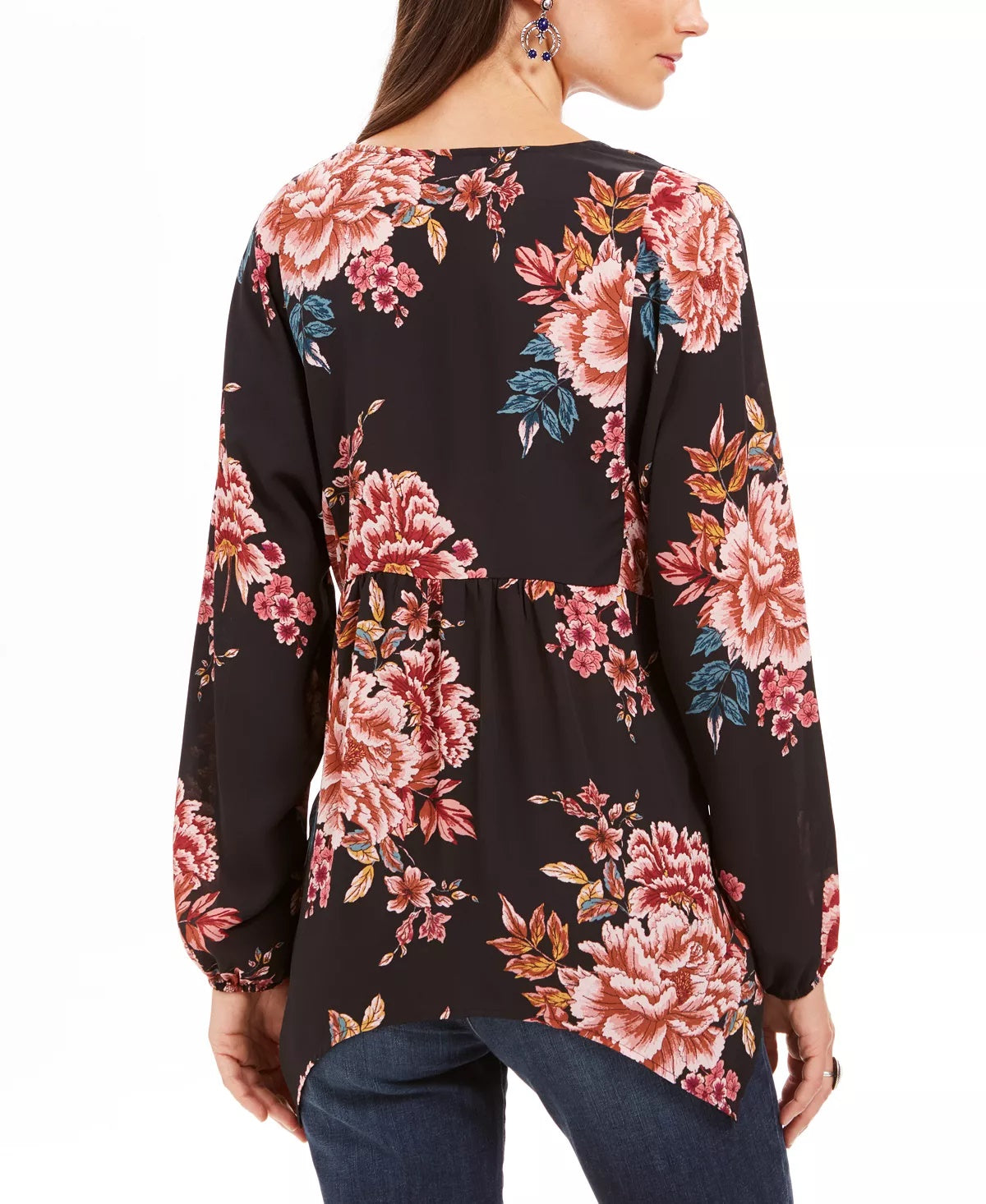 Top feminino estilo camponês com bainha de lenço estampado, preto, tamanho médio