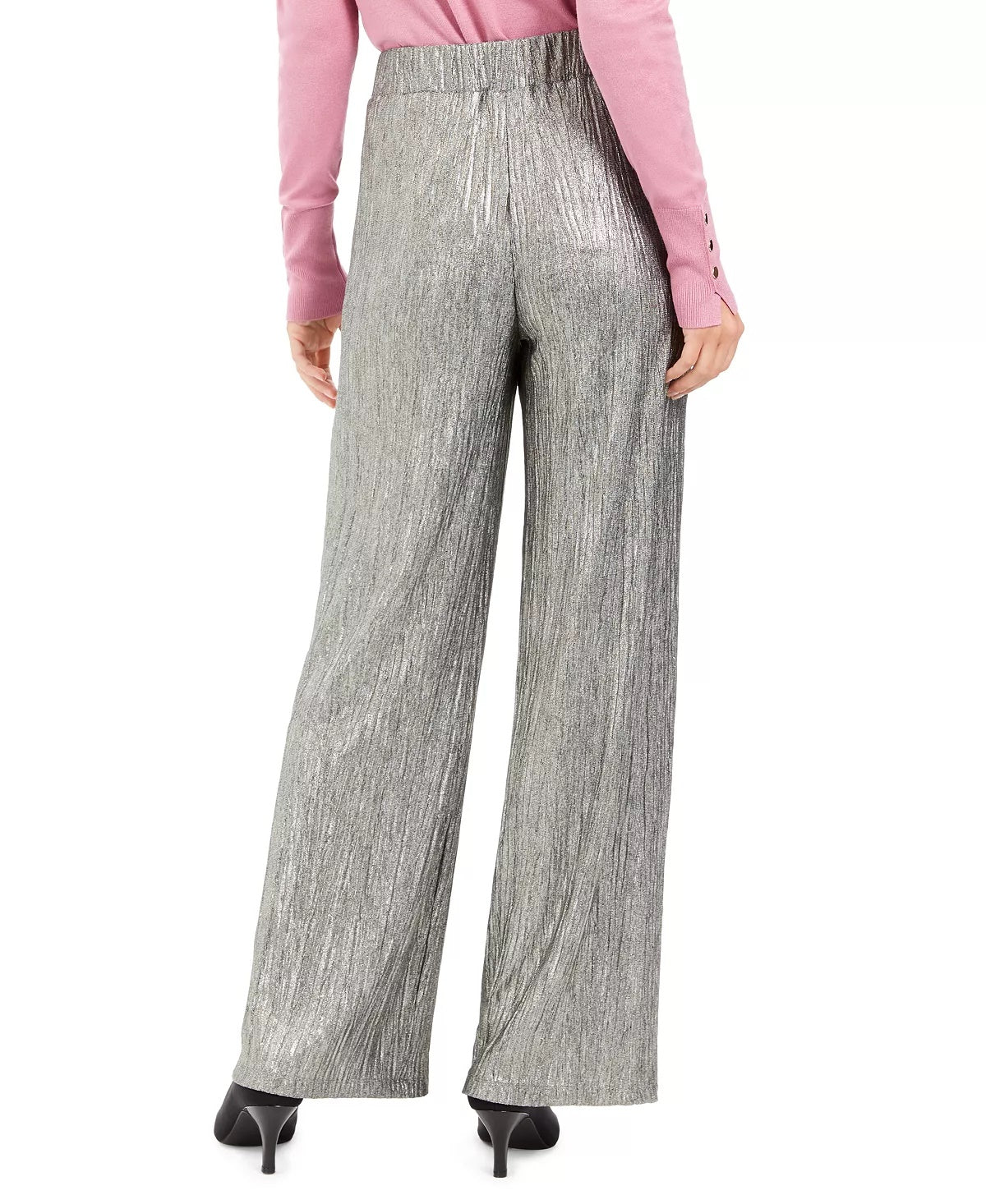 Calça feminina amassada metálica JM Collection, amarela, tamanho pequeno