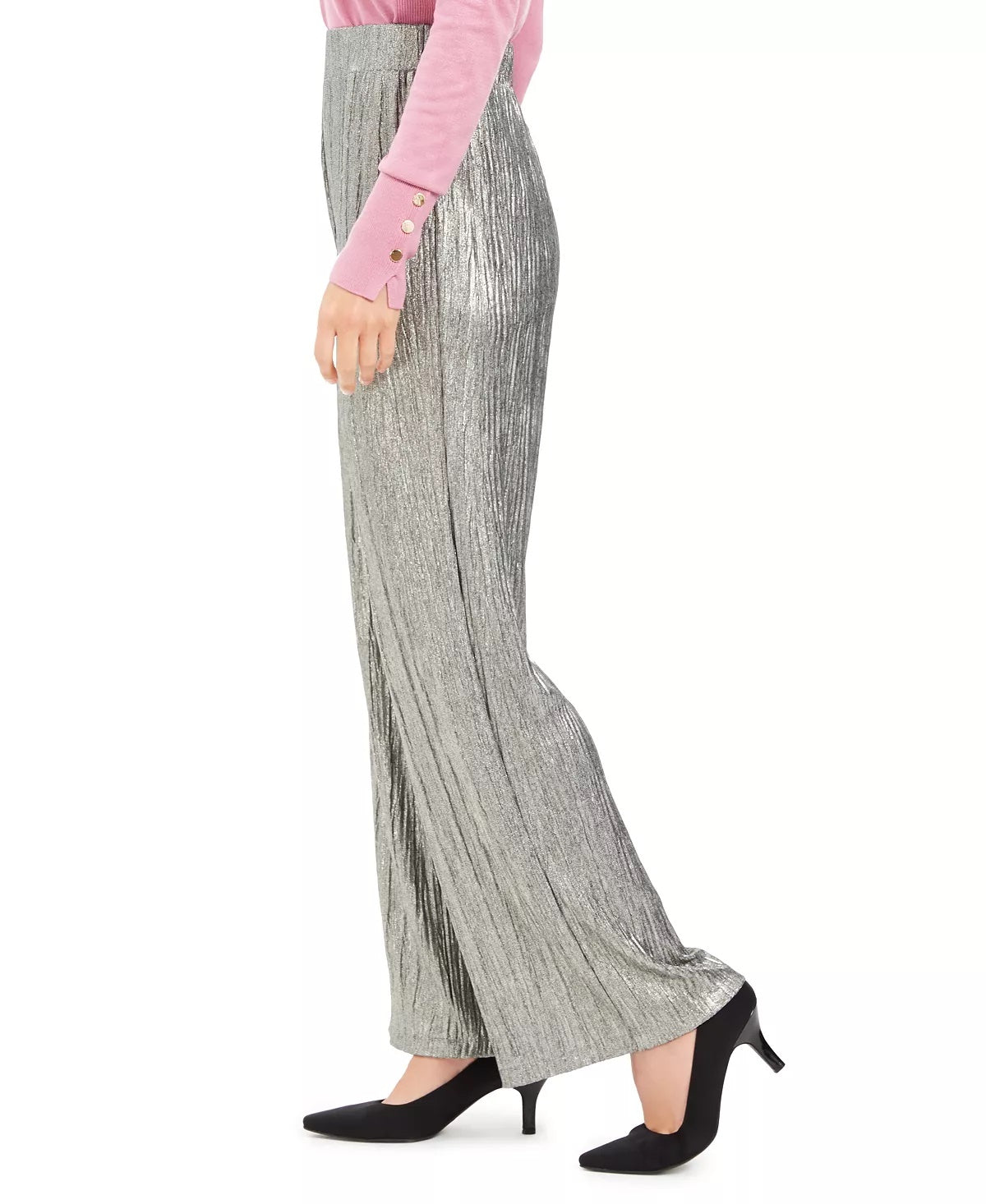Calça feminina amassada metálica JM Collection, amarela, tamanho pequeno