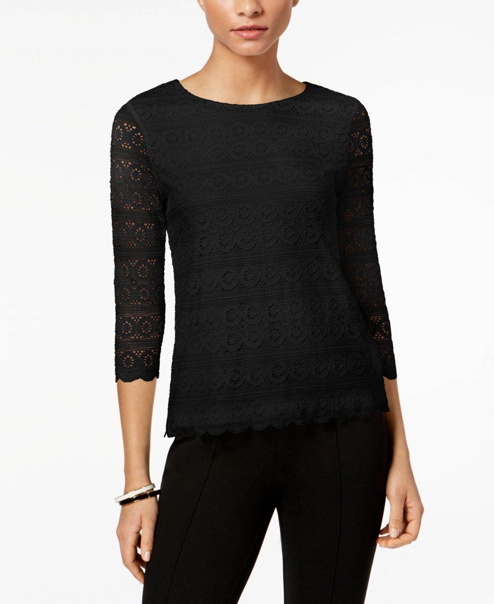 Top de renda feminino Charter Club com manga 3/4, preto, tamanho XX-G