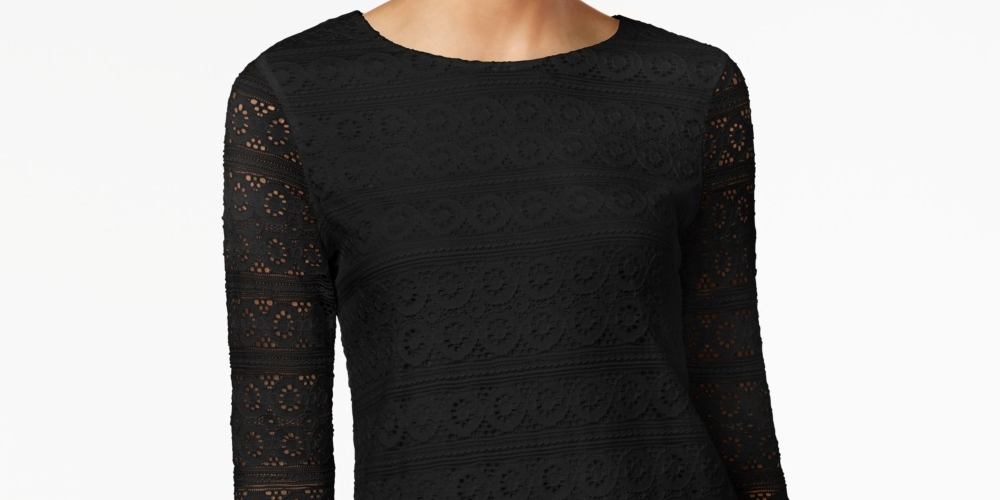 Top de renda feminino Charter Club com manga 3/4, preto, tamanho XX-G