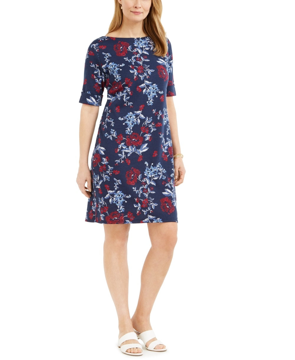 Vestido feminino Karen Scott estampado com decote canoa, azul, tamanho pequeno