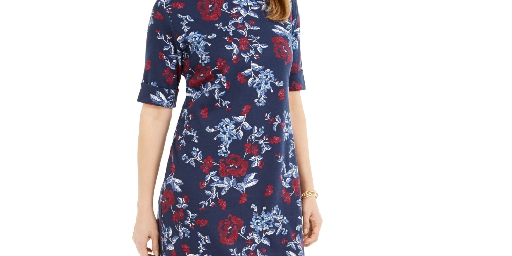 Vestido feminino Karen Scott estampado com decote canoa, azul, tamanho pequeno