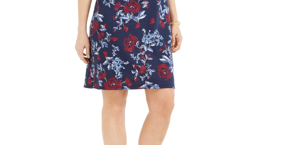 Vestido feminino Karen Scott estampado com decote canoa, azul, tamanho pequeno