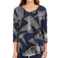JM Collection Blusa feminina estampada com manga 3/4 e decote redondo, azul, tamanho X-S